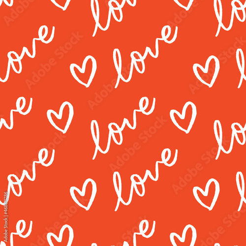 Lovecore diagonal lettering repeat pattern in pink and red with hearts and love word background print design. Pop art vector illustration. Fun and cute seamless repeat surface design for girls, kids
