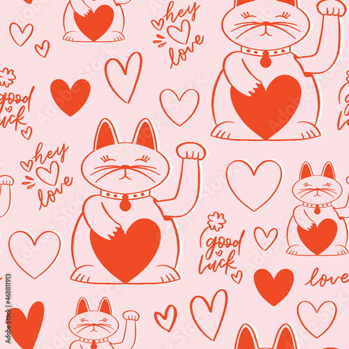 Lovecore lucky cat pattern in pink and red with hearts and lettering background print design. Pop art vector illustration. Fun and cute seamless repeat surface design for girls, kids and kitsch home