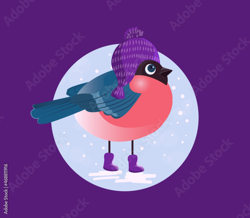 Cute bullfinch in purple hat and boots walking in winter weather