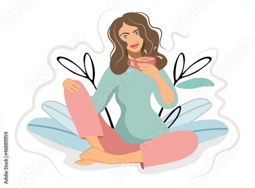The girl drinks invigorating coffee in home clothes. Illustration of a woman with a cup of coffee, tea, cocoa. The lady sits comfortably flat design with decorative winter bouquet