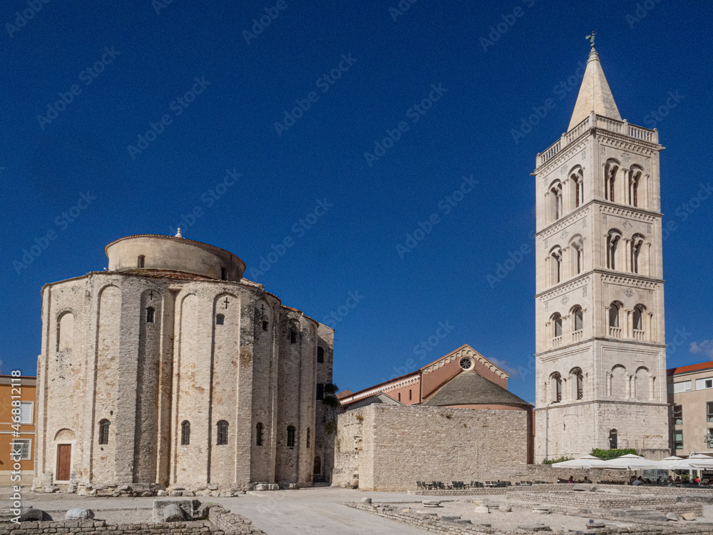 Ancient architecture of Zadar, Croatia. Church of Donatus and St. Anastasia bell tower. 