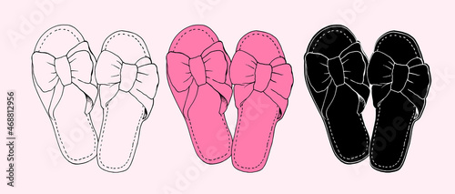 women's slippers. hand-drawn home slippers with bows in a sketch style, an isolated contour of white color on a black background for a vintage design template for labels, packaging, and a logo. home s