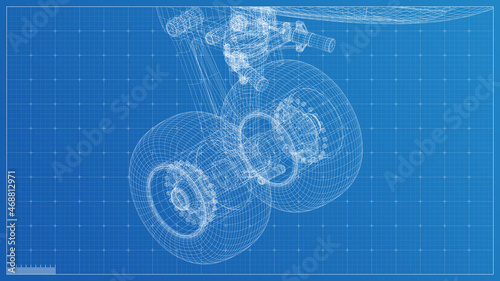 3d wireframe render blueprint design concept for industrial presentation with blue background photo