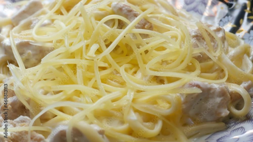 Beautiful chicken cheese lunch rotating on a plate Beautiful chicken cheese lunch rotating on a plate