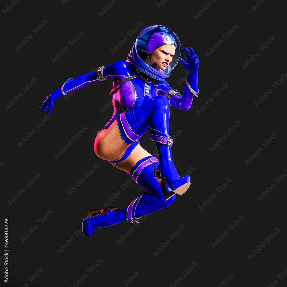 super astronaut girl is jumping fast in action on dark background super astronaut girl is jumping fast in action on dark background