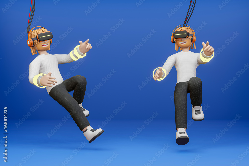 3D cartoon charecter Man wearing technology and touching virtual reality enter the virtual world, Metaverse, Into the future - 3D render illustration 3D cartoon charecter Man wearing technology and touching virtual reality enter the virtual world, Metaverse, Into the future - 3D render illustration