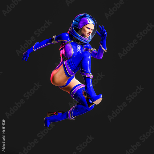 super astronaut girl is jumping fast in action on dark background