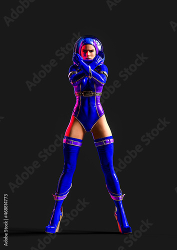 super astronaut girl is ready for the mission on dark background