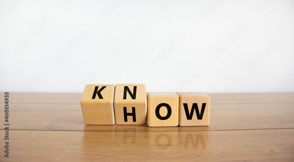 Know how symbol. Turned wooden cubes and changed the word 'how' to 'know'. Beautiful wooden table, white background. Copy space. Business and know how concept. Know how symbol. Turned wooden cubes and changed the word 'how' to 'know'. Beautiful wooden table, white background. Copy space. Business and know how concept.