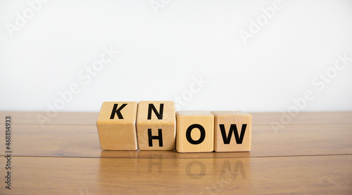 Know how symbol. Turned wooden cubes and changed the word 'how' to 'know'. Beautiful wooden table, white background. Copy space. Business and know how concept.