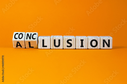 Conclusion or allusion symbol. Turned cubes and changed the word 'allusion' to 'conclusion'. Beautiful orange background, copy space. Business, conclusion or allusion concept. photo