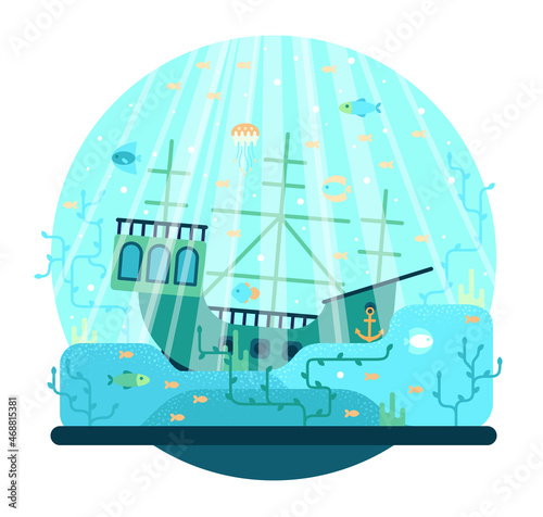 Vector cartoon illustration with frigate under water. Vector cartoon illustration