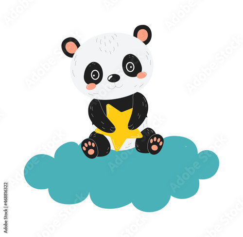 Panda on cloud. Animal sits in sky with star in its hands. Graphic elements for website, dream metaphor. Picture for printing on bed linen. Sweet dream, space. Cartoon flat vector illustration photo