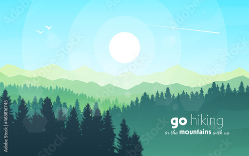 Vector landscape, sunrise scene in nature with mountains and forest, silhouettes of trees. Hiking tourism. Adventure. Minimalist graphic flyers. Polygonal flat design for coupons, vouchers, gift cards