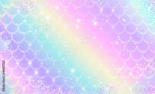 Mermaid rainbow scales. Fantasy holographic background in sparkling stars and bubbles for design.