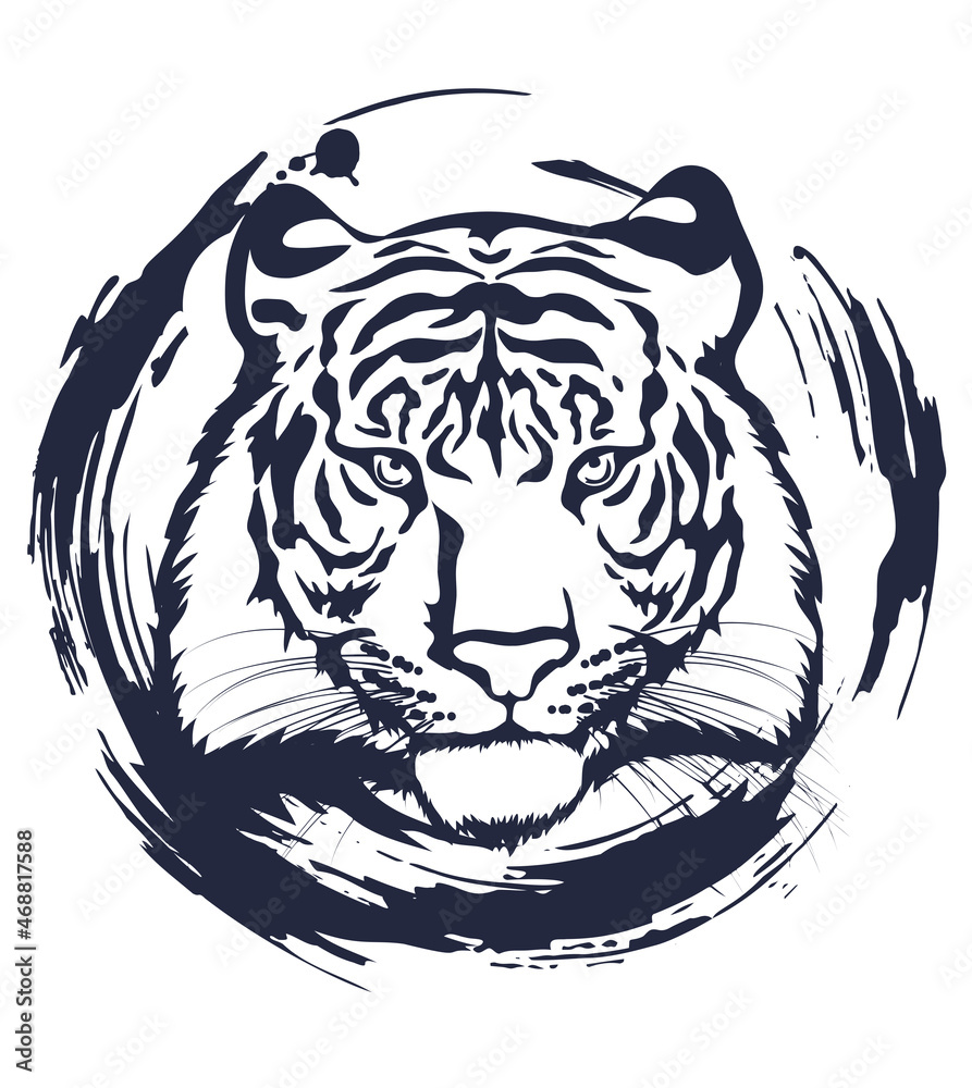 Fototapeta premium Tiger head. Silhouette of a tiger head isolated on white background.