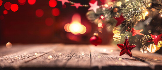 Christmas Tree and Red Star Close-up on the Background of the Fireplace and Fire