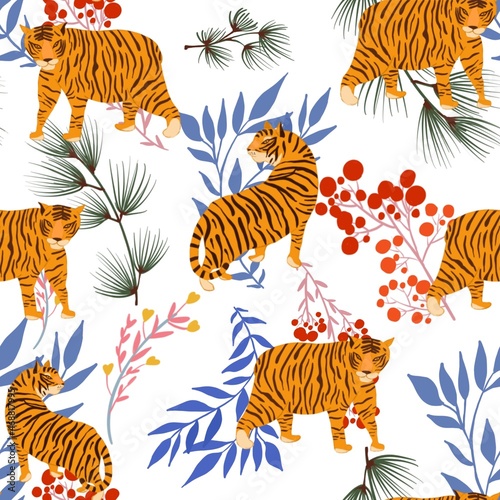Seamless pattern with tigers and winter botanical. Design for card, textile, fabric, wallpaper