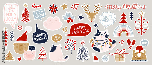 Christmas winter stickers collection for kids, seasonal design, cute animals and elements for scrapbook