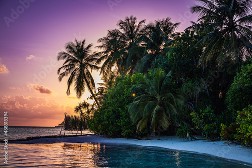 Sunset on a paradise island with turquoise water and exotic vegetation - the Maldives