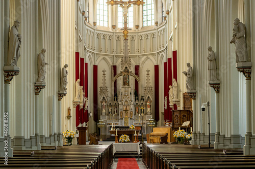 Stately interior architecture of Sint-Jan Geboortekerk catholic church in Dutch town with statues of saints to the side columns photo