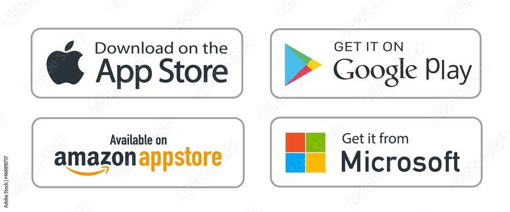 App store buttons set. Google Play Store logo.  AppStore logo. Apple  App Store button. Microsoft download app. Stock Vector