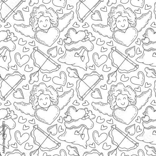 Cupid  arrows with bow and hearts. Seamless vector pattern for Valentine s Day. Hand drawn black and white illustration in doodle style for packaging  fabric