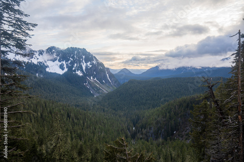 Nisqually River Valley during Spring sunset, view from Paradise Road at Mount Rainier National Park in Washington State. Melted glacier.