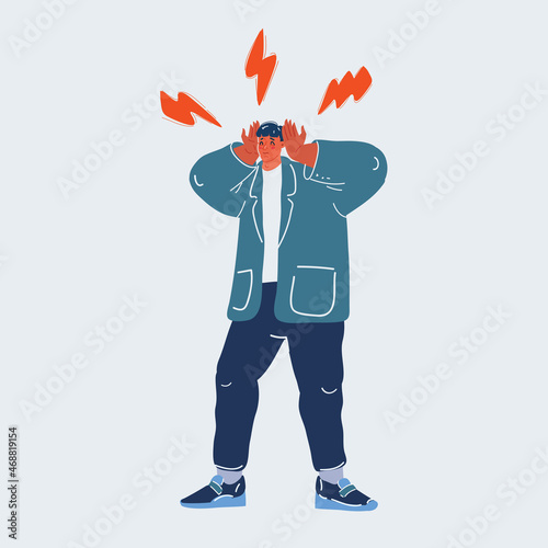 Vector illustration of Young man in ache pose. Headache, noise fatigue