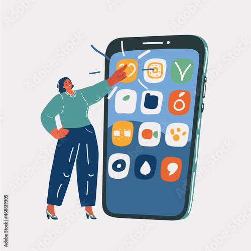 Vector illustration of woman push app icon on big giant smarphone