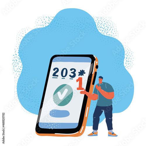Vector illustration of man using 3d mobile smart phone with pin code on the screen.