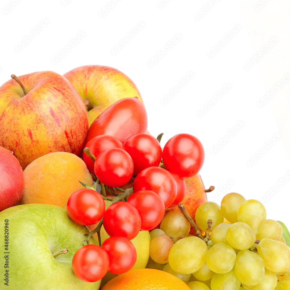 Fruits and vegetables isolated on a white. Free space for text. Fruits and vegetables isolated on a white. Free space for text.