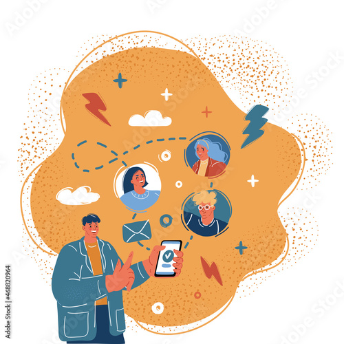 Vector illustration of man send message to friends with his smartphone.