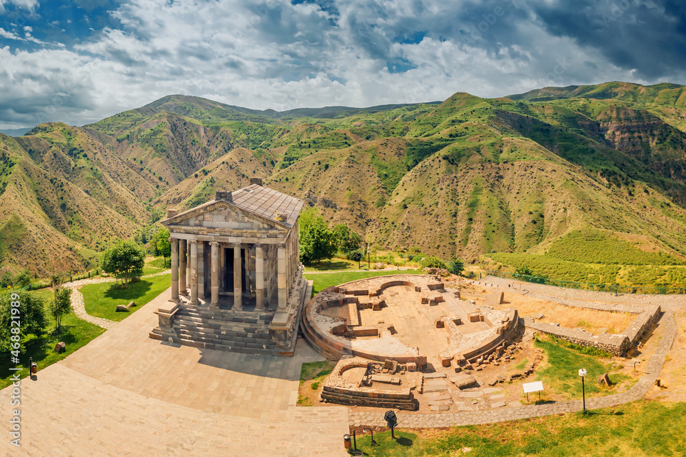 Aerial view of the famous Garni temple in Armenia. The historic Greek style building is located on the edge of a picturesque gorge. Travel and Tourism locations