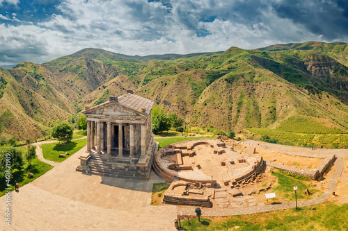 Aerial view of the famous Garni temple in Armenia. The historic Greek style building is located on the edge of a picturesque gorge. Travel and Tourism locations photo