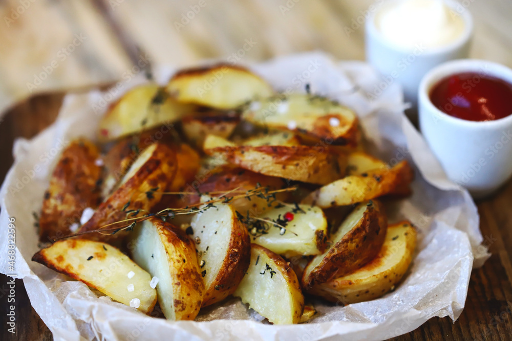 Soft focus. Appetizing homemade rustic potato wedges with sauces.