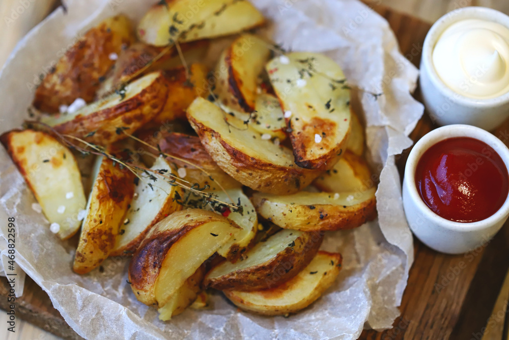 Soft focus. Appetizing homemade rustic potato wedges with sauces. Soft focus. Appetizing homemade rustic potato wedges with sauces.