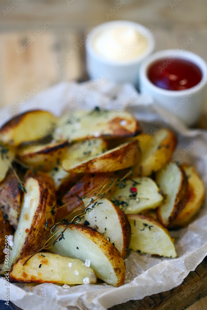 Soft focus. Appetizing homemade rustic potato wedges with sauces. Soft focus. Appetizing homemade rustic potato wedges with sauces.