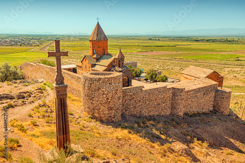 Famous Khor Virap monastery building and chapel. Travel and religious destinations in Armenia concept photo