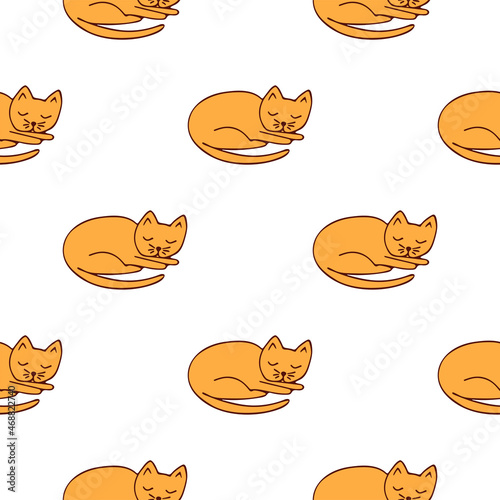 Seamless pattern cute ginger sleeping cat. Colorful vector illustration on white background. Affectionate fluffy purring pet. Hand drawn print or card, wrapping or fabric