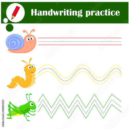 Handwriting practice sheet. Educational children game. Tracing lines with funny insects snail, caterpillar, grasshopper