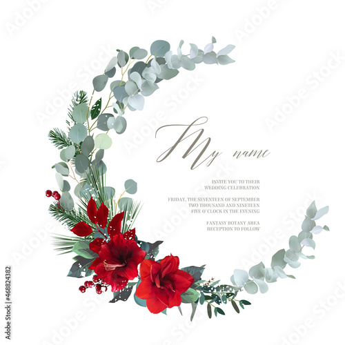 Christmas round wreath with red amaryllis, berry, eucalyptus, emerald pine, snow texture