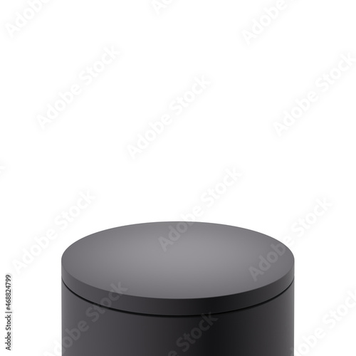 Black color cylindrical podium, on white background. Monochromatic mock up pedestal design for display case,  showcase, shopfront. 3d render illustration.