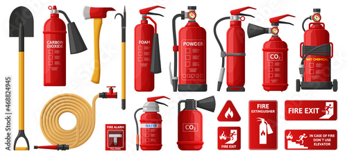 Firefighting, fire protection equipment, fire extinguisher, emergency signs. Firefighter protection, flame fighting tools vector illustration set. Fire station equipment