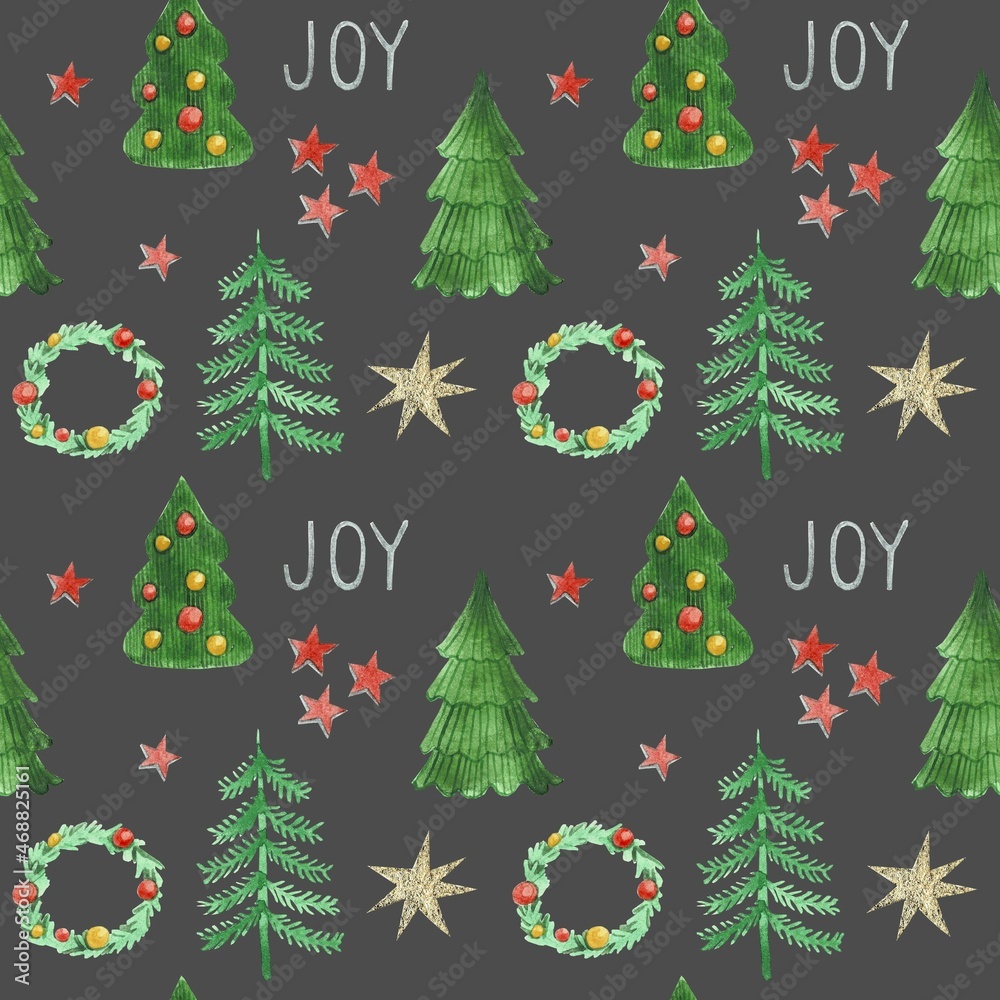 Watercolor pattern with Christmas trees, illustration.