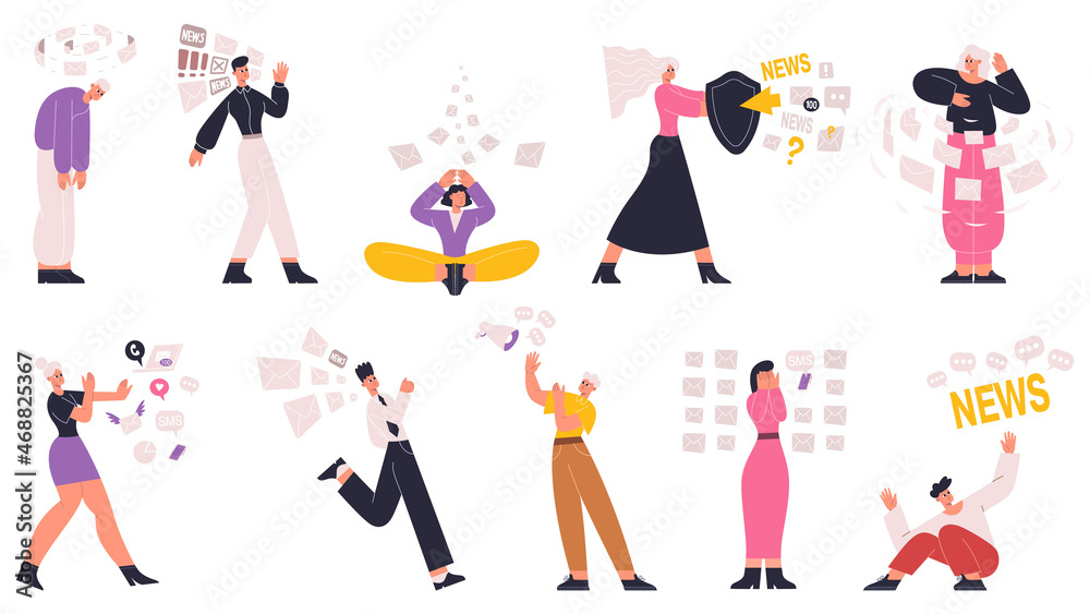 Information, data and social media overload, overwhelmed characters. People overloaded with social media, fake news information vector illustration set. Overwhelmed people
