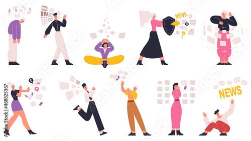 Information, data and social media overload, overwhelmed characters. People overloaded with social media, fake news information vector illustration set. Overwhelmed people