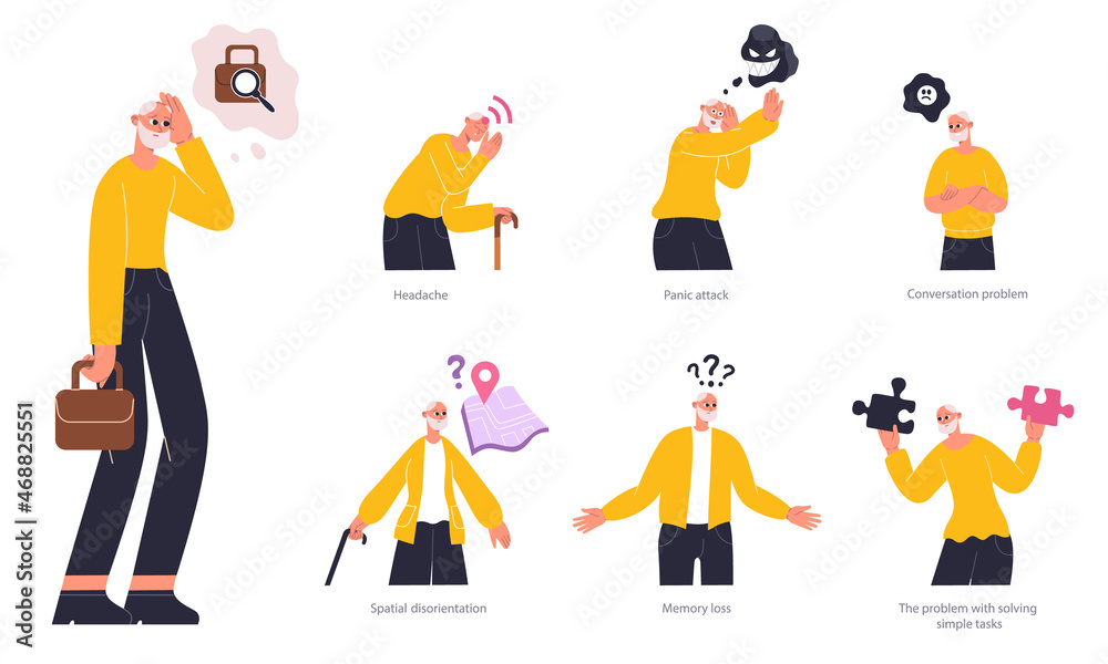 Alzheimer, dementia symptoms infographic, old man with memory loss and disorientation. Senior man suffer from brain disease vector flat illustration. Dementia ederly patients