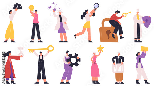 Tiny characters holding giant occupations activities icons. Characters with signs objects, gear, bulb, star vector flat illustration set. People hold big occupation signs