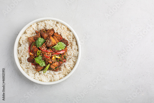 Kung pao or kung po, traditional chinese food, top view with copy space photo